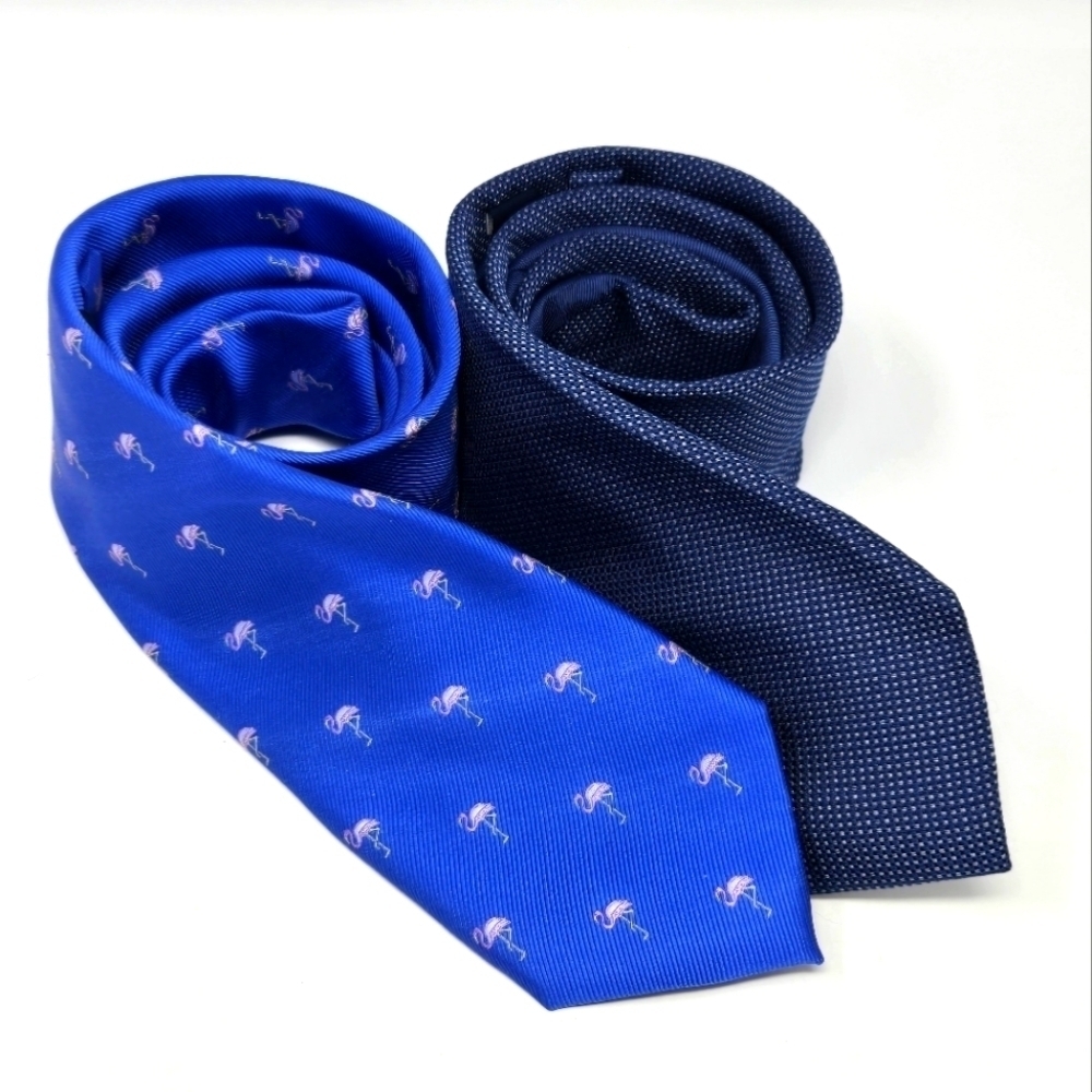 TOMMY HILFIGER NECKTIE LOT OF 2 SILK TIES BLUE POLKA DOT PINK FLAMINGO MEN OS